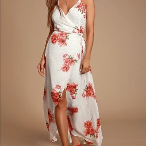 Lulus Loiselle White Floral Print Polka Dot Wrap Maxi Dress